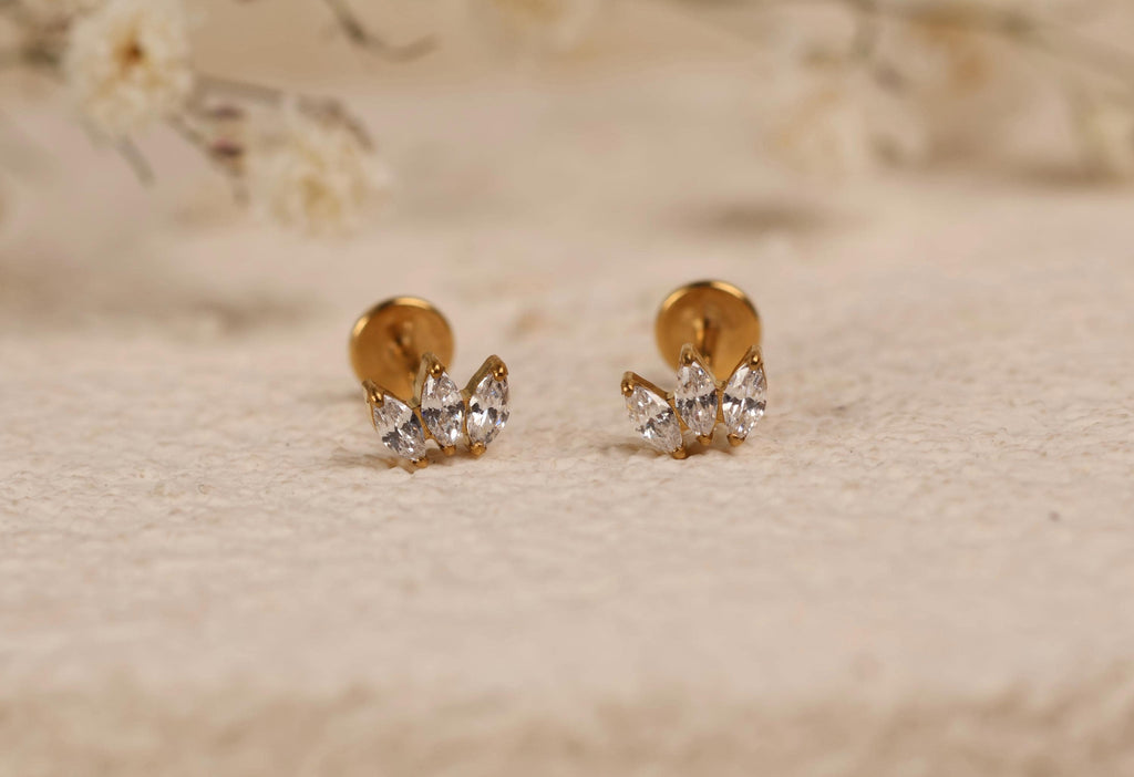 16G/18G/20G Titanium Triple Marquise Flat Back Stud, CZ Marquise Cartilage Earrings, Threadless Helix Stud, Minimal Tragus Earring N152