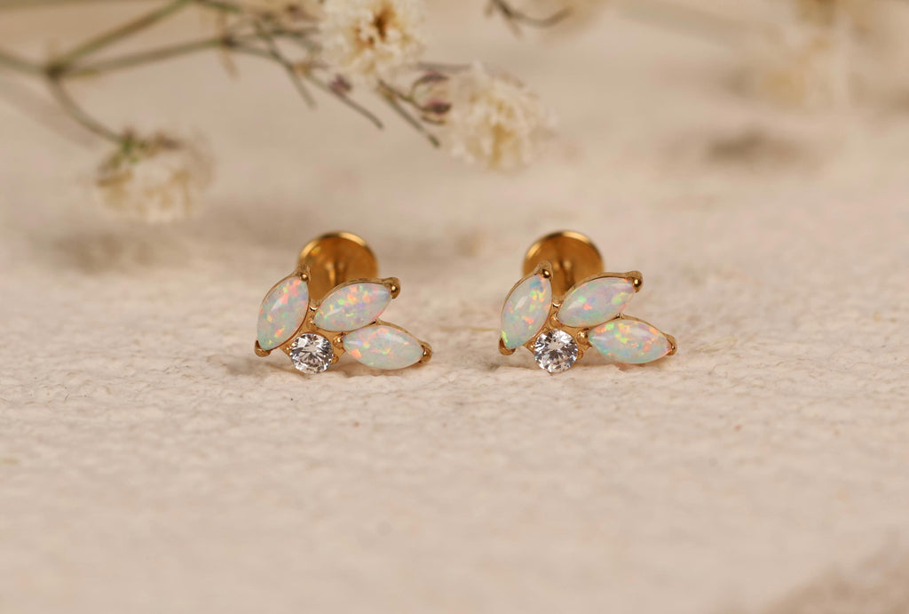 16G/18G/20G Titanium Opal Flat Back Earrings, Opal Cluster Cartilage Studs, Threadless Helix Earrings, Sensitive Ear Jewelry, Tragus N157