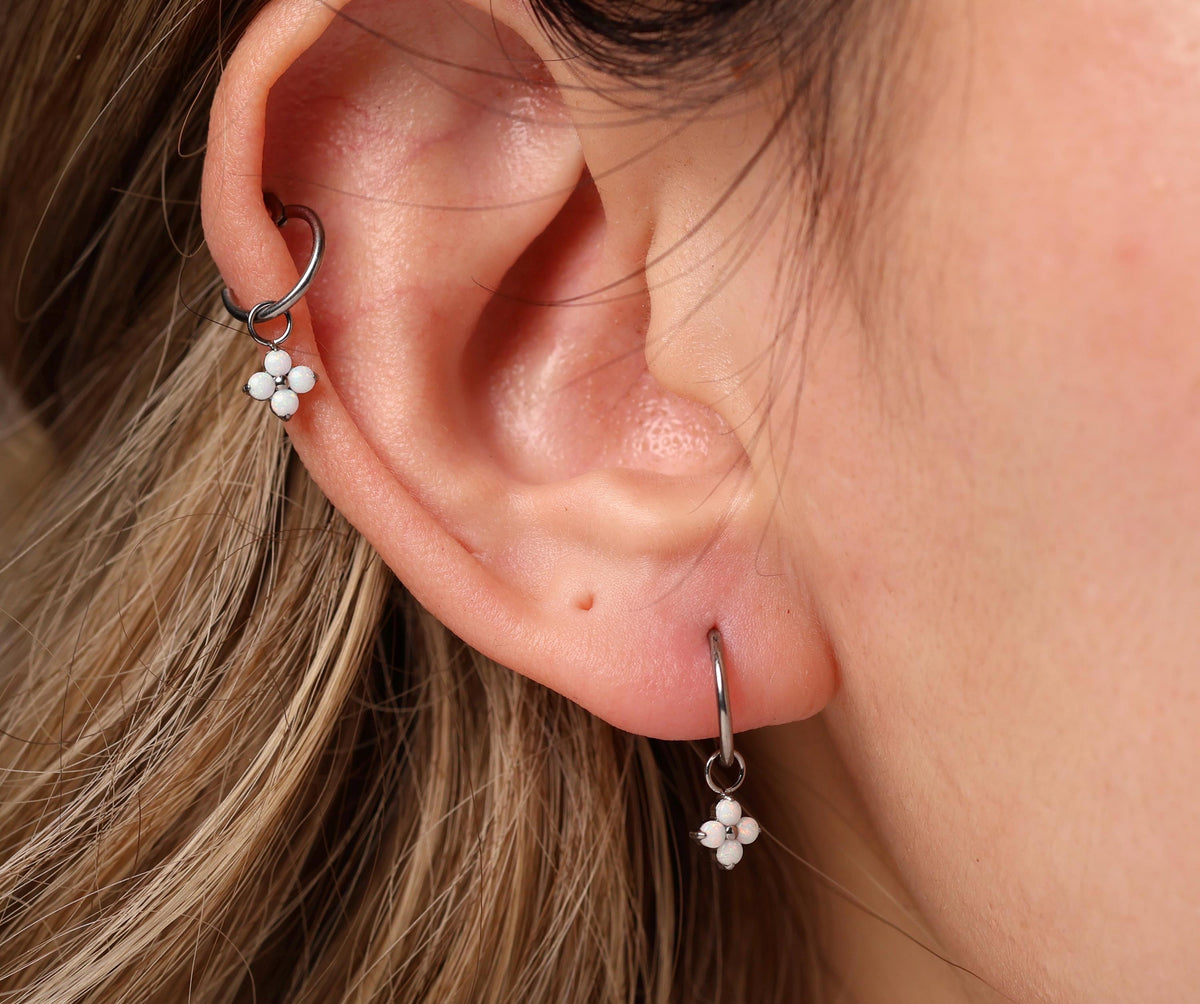 16G/18G Titanium Opal Flower Hoop Earrings | Dainty Opal Charm Hoops | Hypoallergenic Cartilage Earrings | Minimalist Huggie Hoops N167