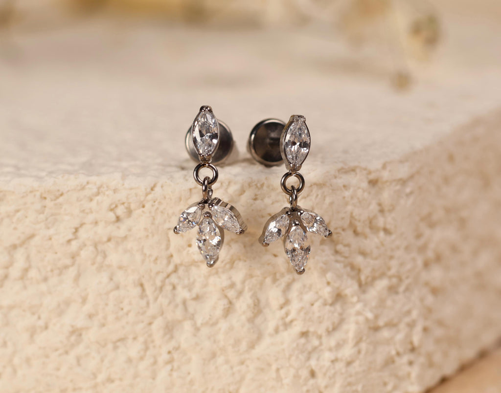 Titanium Leaf Marquise Dangle Flat Back Push Pin Stud