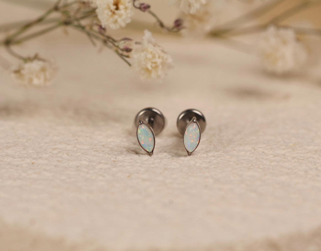 16G/18G/20G Titanium Opal Marquise Flat Back Stud | Threadless Cartilage Earring | Helix Tragus Conch Piercing Jewelry | Hypoallergenic N169