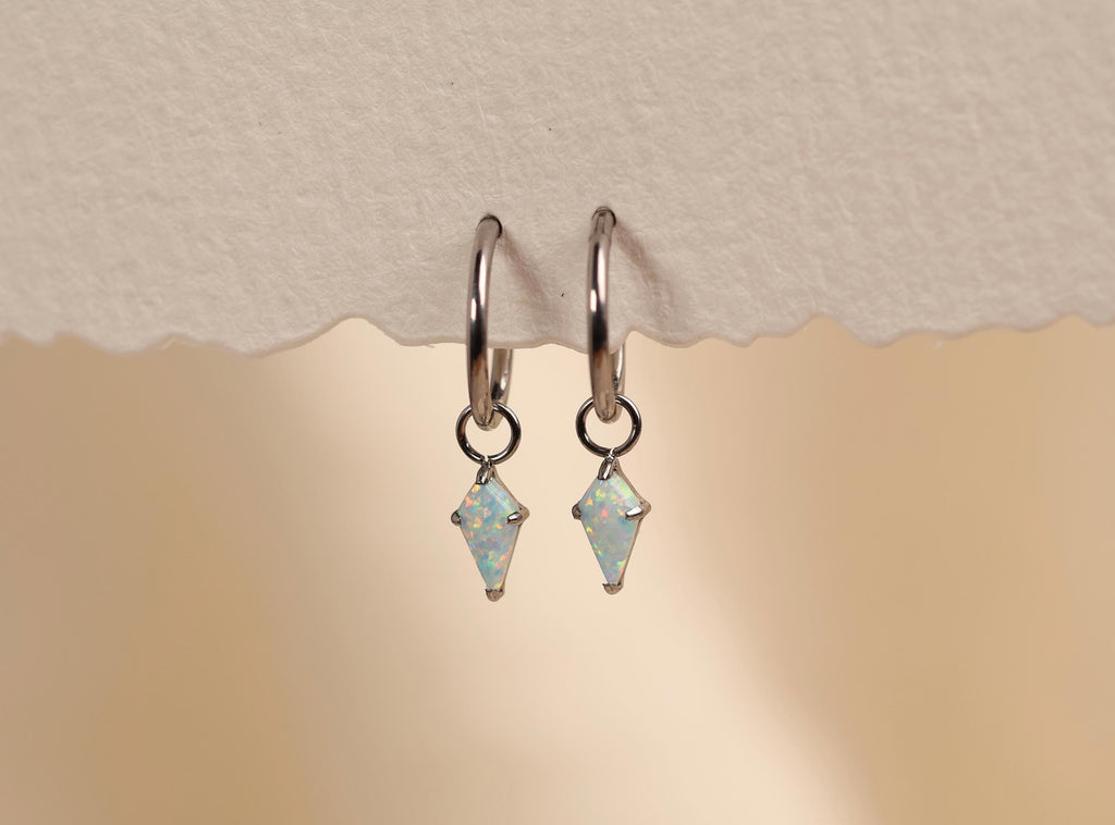 16G/18G White Opal Kite Dangle Hoop Earrings, Titanium Huggie Hoops, Minimalist Opal Charm Earrings, Hypoallergenic Cartilage Earrings N164