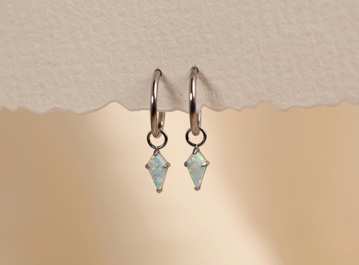 16G/18G White Opal Kite Dangle Hoop Earrings, Titanium Huggie Hoops, Minimalist Opal Charm Earrings, Hypoallergenic Cartilage Earrings N164