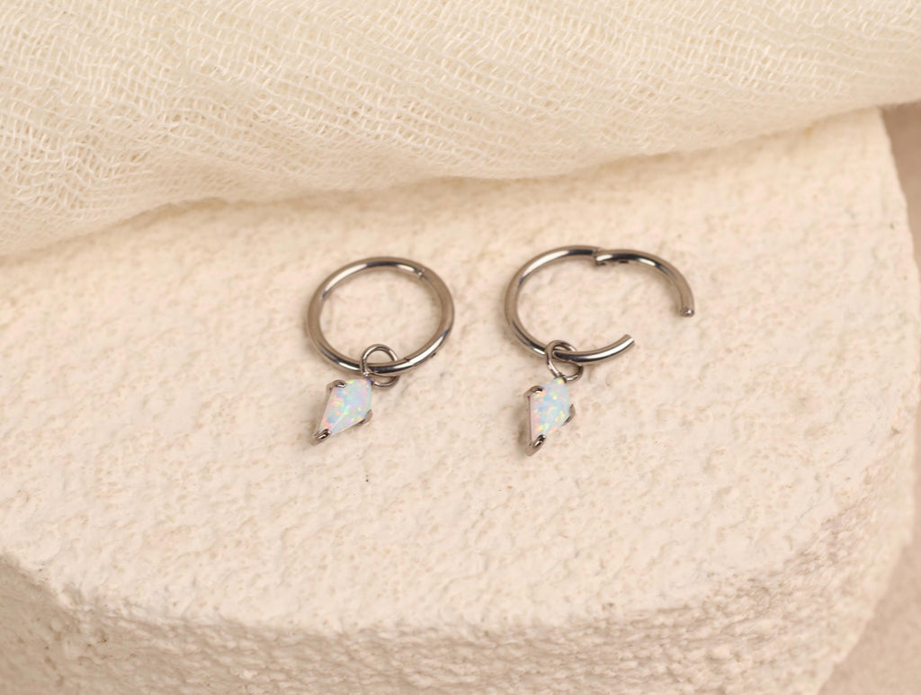 16G/18G White Opal Kite Dangle Hoop Earrings, Titanium Huggie Hoops, Minimalist Opal Charm Earrings, Hypoallergenic Cartilage Earrings N164