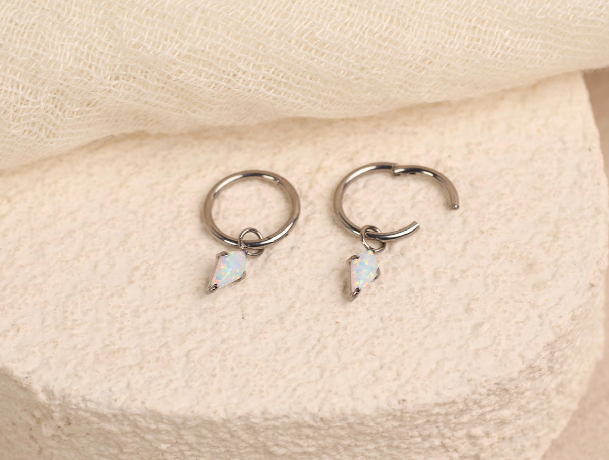 16G/18G White Opal Kite Dangle Hoop Earrings, Titanium Huggie Hoops, Minimalist Opal Charm Earrings, Hypoallergenic Cartilage Earrings N164
