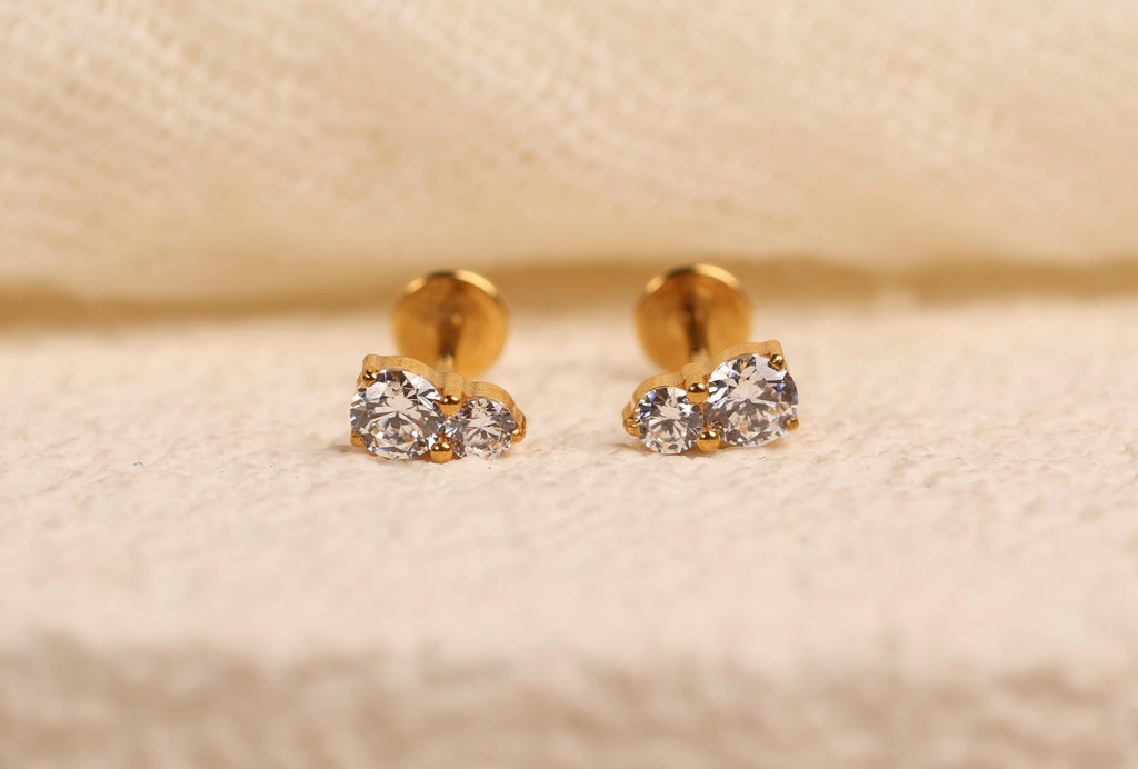 16G/18G/20G Titanium CZ Stud Earrings, Tiny Double Stone Flat Back Earrings, Hypoallergenic Cartilage Stud, Helix Tragus Labret N165
