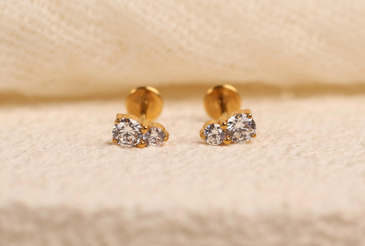 16G/18G/20G Titanium CZ Stud Earrings, Tiny Double Stone Flat Back Earrings, Hypoallergenic Cartilage Stud, Helix Tragus Labret N165