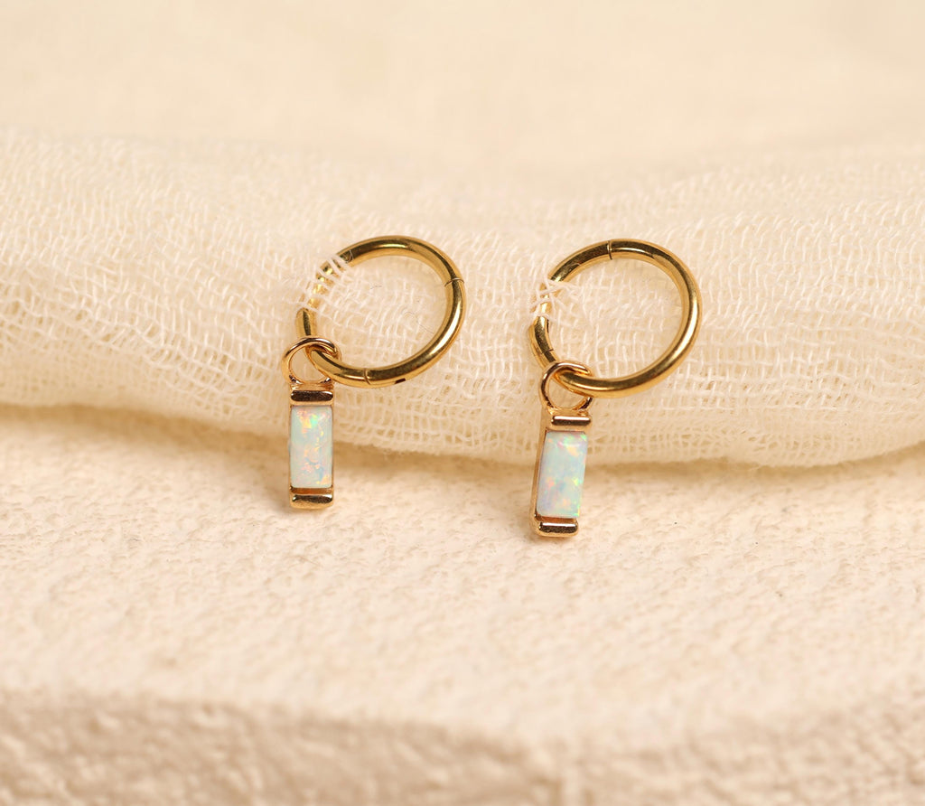 16G/18G Titanium Huggie Earrings with Dangle Baguette Opal Charm, Dainty Cartilage Hoop, Cartilage/Conch/Helix Hoop Earring N147