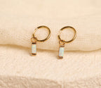 16G/18G Titanium Huggie Earrings with Dangle Baguette Opal Charm, Dainty Cartilage Hoop, Cartilage/Conch/Helix Hoop Earring N147