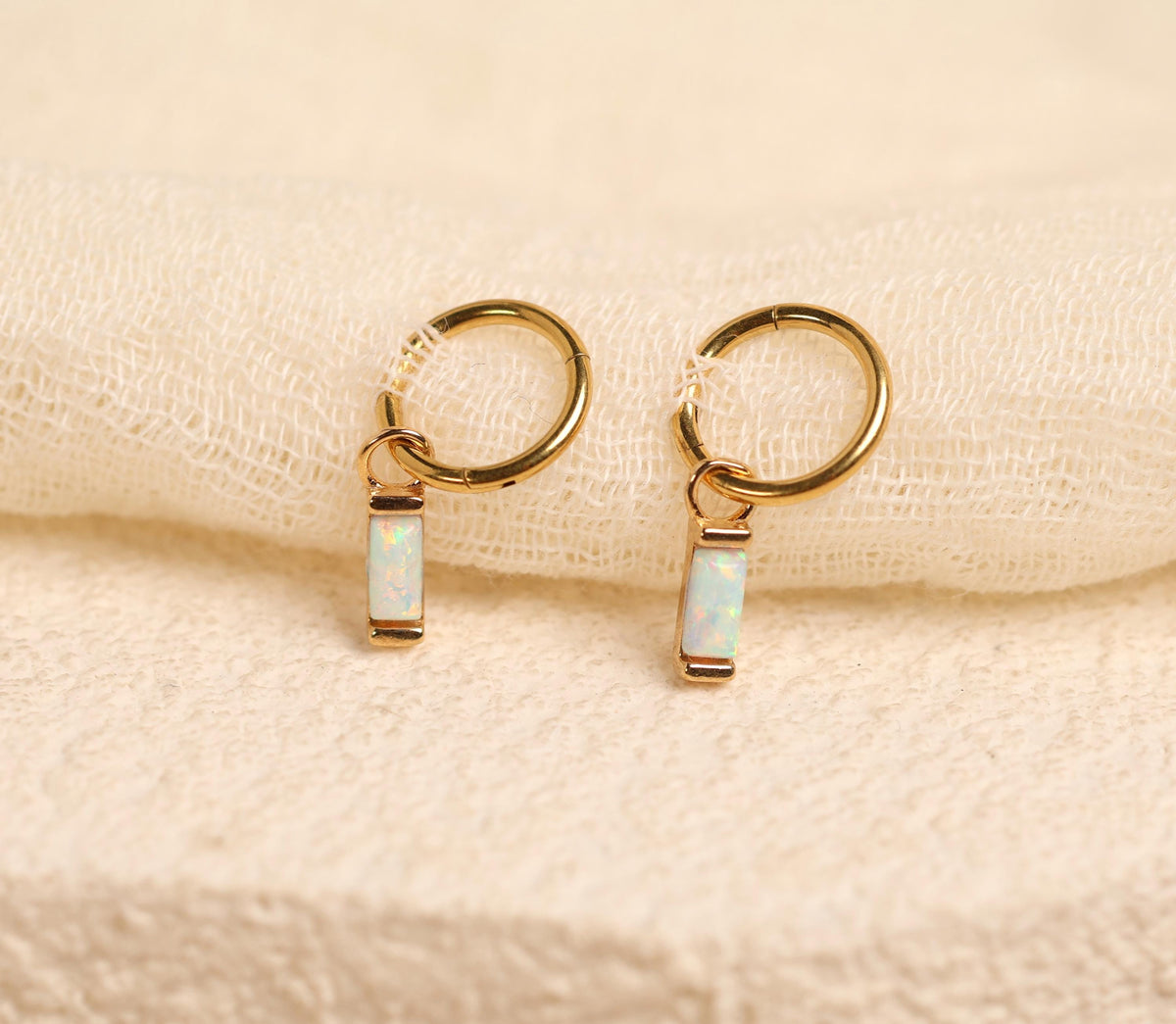 16G/18G Titanium Huggie Earrings with Dangle Baguette Opal Charm, Dainty Cartilage Hoop, Cartilage/Conch/Helix Hoop Earring N147