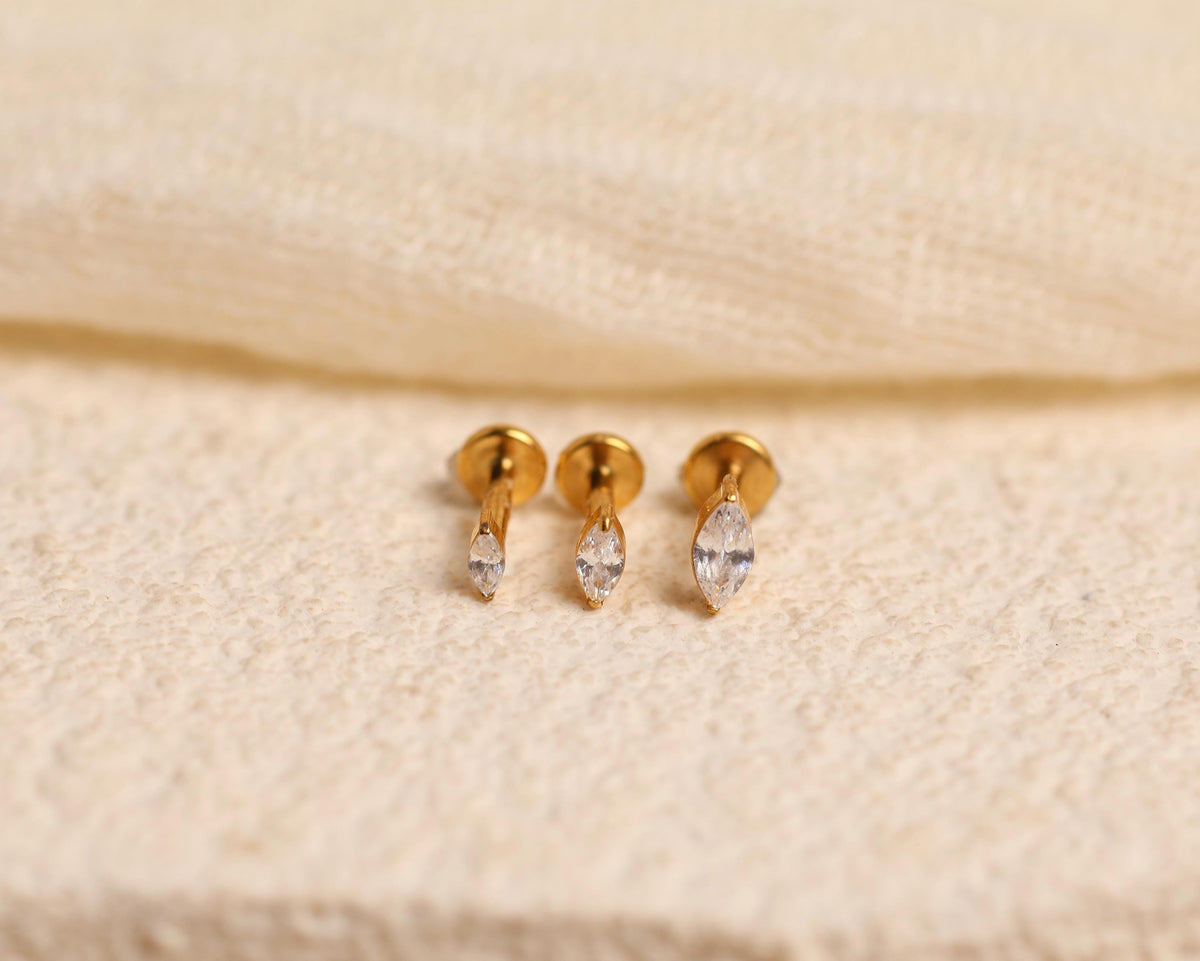 16G/18G/20G Titanium Marquise CZ Flat Back Stud | Threadless Cartilage Earring | Helix Tragus Conch Piercing Jewelry | N176