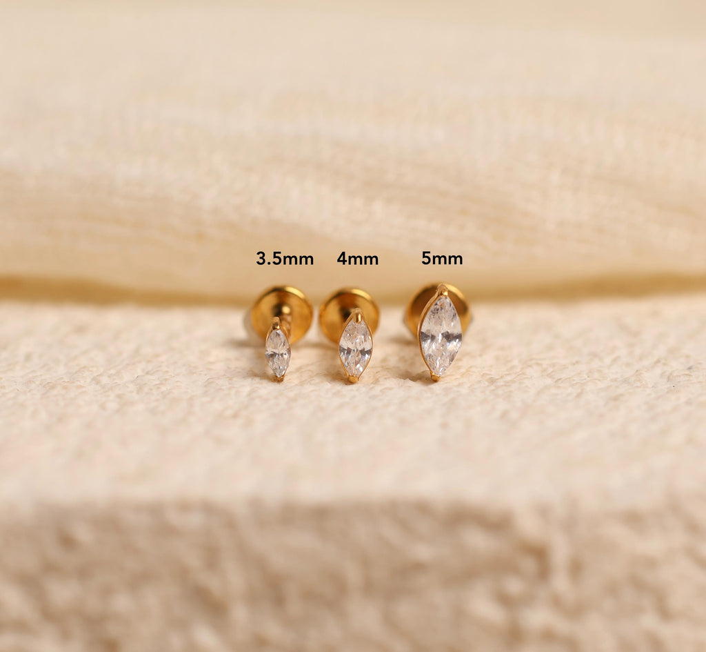 16G/18G/20G Titanium Marquise CZ Flat Back Stud | Threadless Cartilage Earring | Helix Tragus Conch Piercing Jewelry | N176