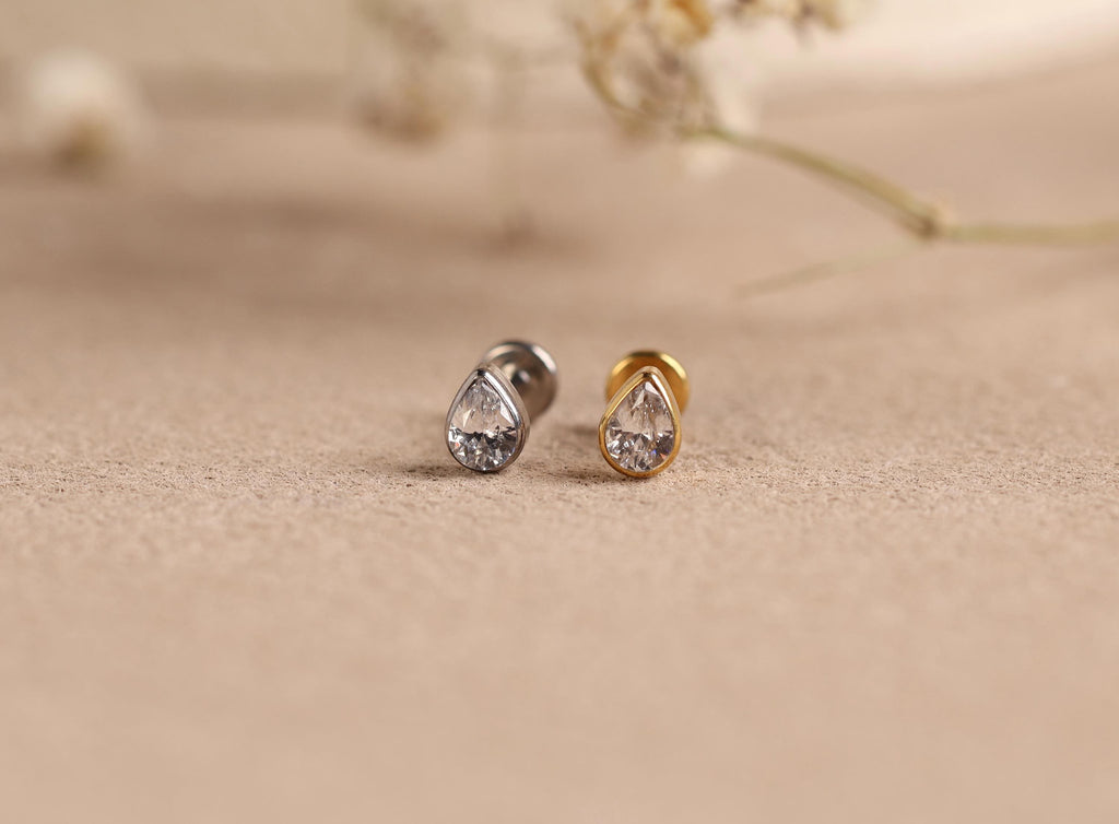 16G/18G/20G Titanium Bezel Pear CZ Flat Back Earrings, Threadless Cartilage Studs, Minimal Helix Earrings, Hypoallergenic Jewelry N151