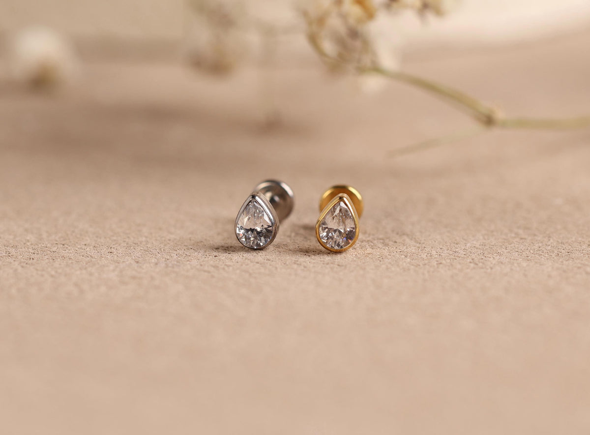 16G/18G/20G Titanium Bezel Pear CZ Flat Back Earrings, Threadless Cartilage Studs, Minimal Helix Earrings, Hypoallergenic Jewelry N151