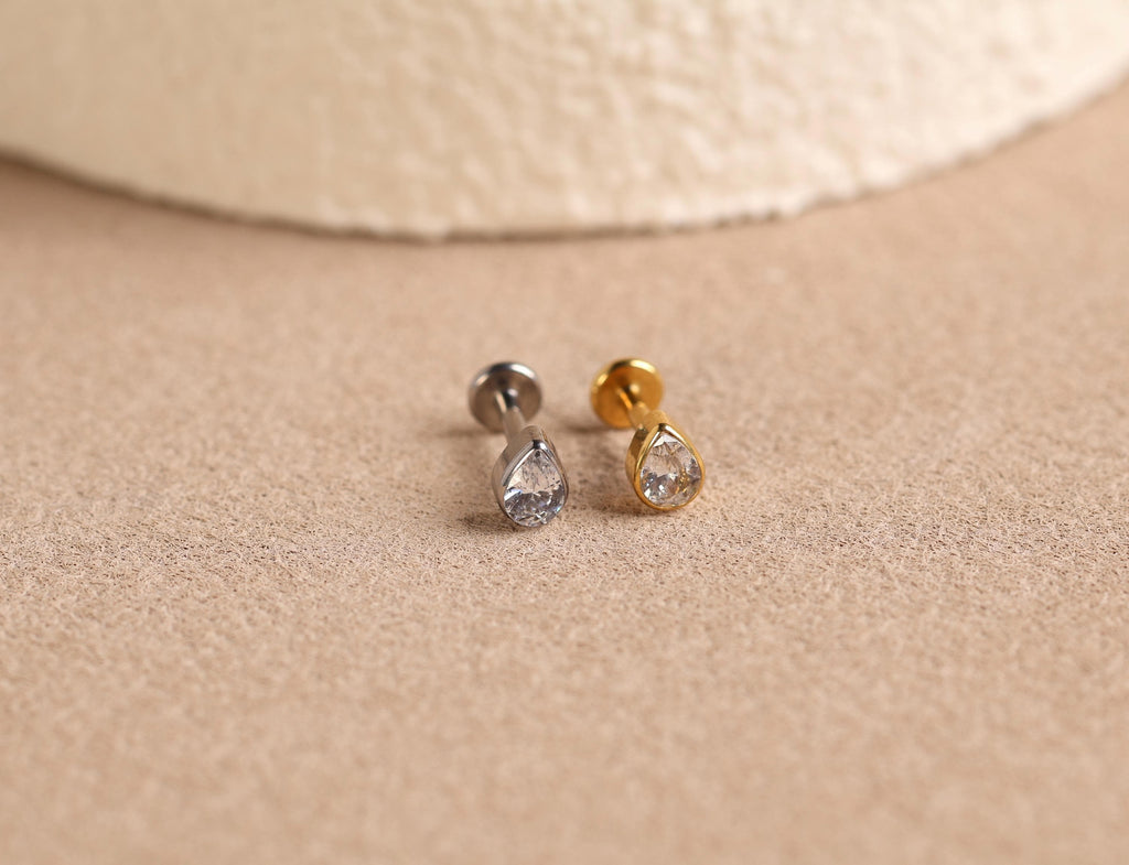 16G/18G/20G Titanium Bezel Pear CZ Flat Back Earrings, Threadless Cartilage Studs, Minimal Helix Earrings, Hypoallergenic Jewelry N151