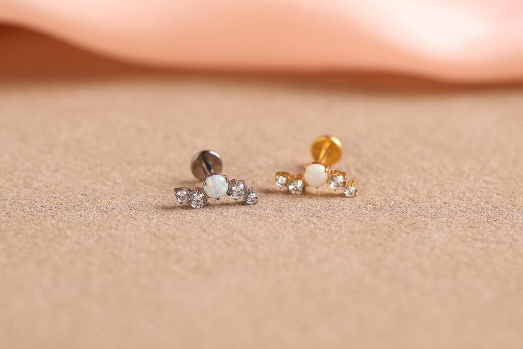 16G/18G Titanium Opal Cluster Flat Back Earrings, Titanium Cartilage Stud, Opal CZ Helix Earring, Hypoallergenic Tragus Labret N163