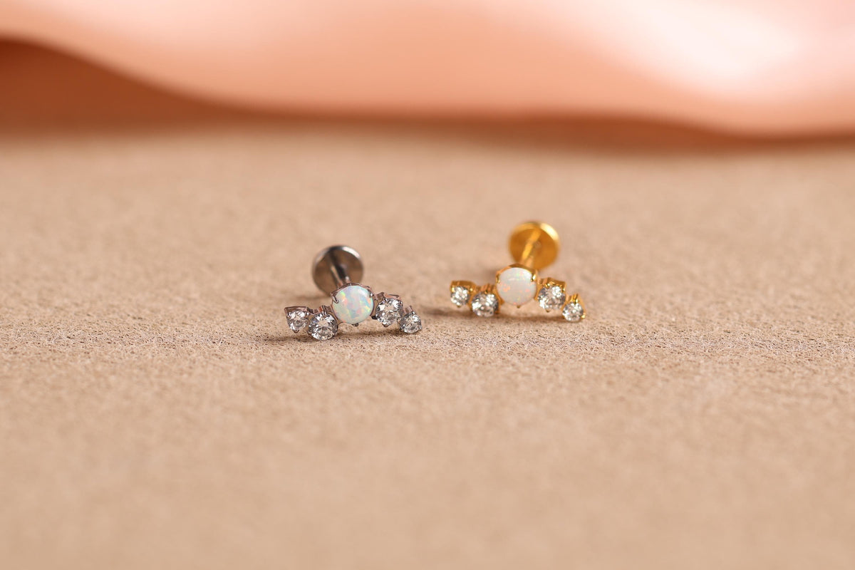 16G/18G Titanium Opal Cluster Flat Back Earrings, Titanium Cartilage Stud, Opal CZ Helix Earring, Hypoallergenic Tragus Labret N163
