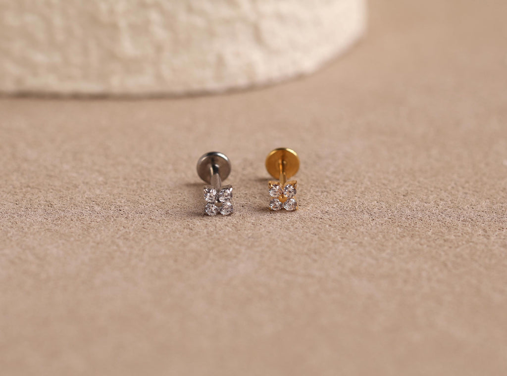 16G/18G/20G Titanium Flower Flat Back Earrings, Threadless Cartilage Studs, CZ Helix Earrings, Tiny Floral Tragus Jewelry N161