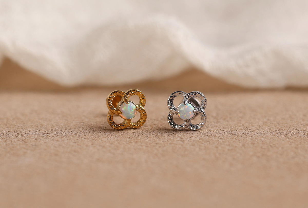 16G/18G Titanium Clover Opal Studs - Dainty Flat Back Earrings - Hypoallergenic White Fire Opal  Jewelry - Threaded earring N138