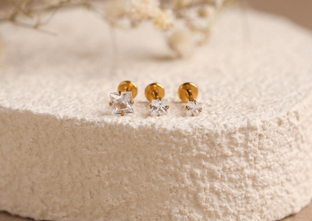 16G/18G/20G Princess Cut CZ Flat Back Earrings, Titanium Stud Earrings, Hypoallergenic Helix Tragus Cartilage Labret Piercing N177