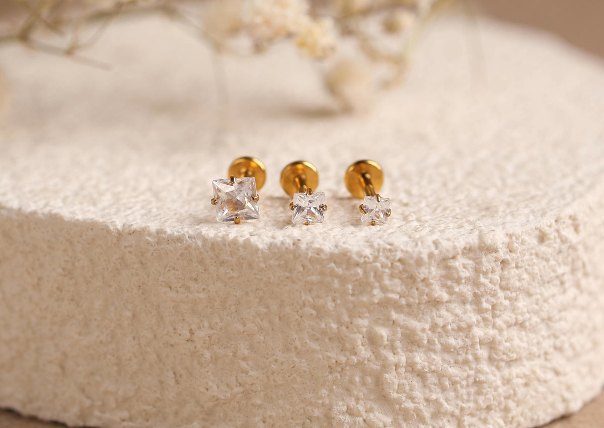 16G/18G/20G Princess Cut CZ Flat Back Earrings, Titanium Stud Earrings, Hypoallergenic Helix Tragus Cartilage Labret Piercing N177
