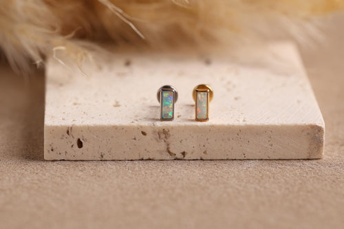 16G/18G Titanium Baguette Opal Bar Stud Earrings – Minimalist Titanium Flat Back Labret – Cartilage, Helix, Tragus Jewelry N140