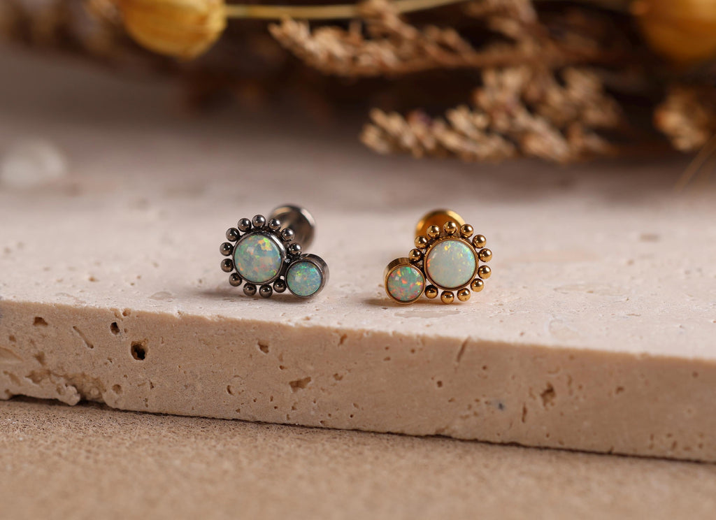 16G/18G Titanium Floral Double Opal Beaded Studs - Threaded Flat Back Earrings -Hypoallergenic White Fire Opal Labret for Cartilage N137