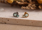 16G/18G Titanium Floral Double Opal Beaded Studs - Threaded Flat Back Earrings -Hypoallergenic White Fire Opal Labret for Cartilage N137
