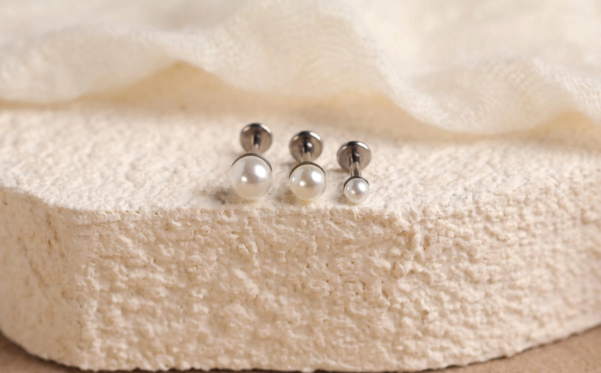Titanium Threadless Push Pin Pearl Flat Back Earrings
