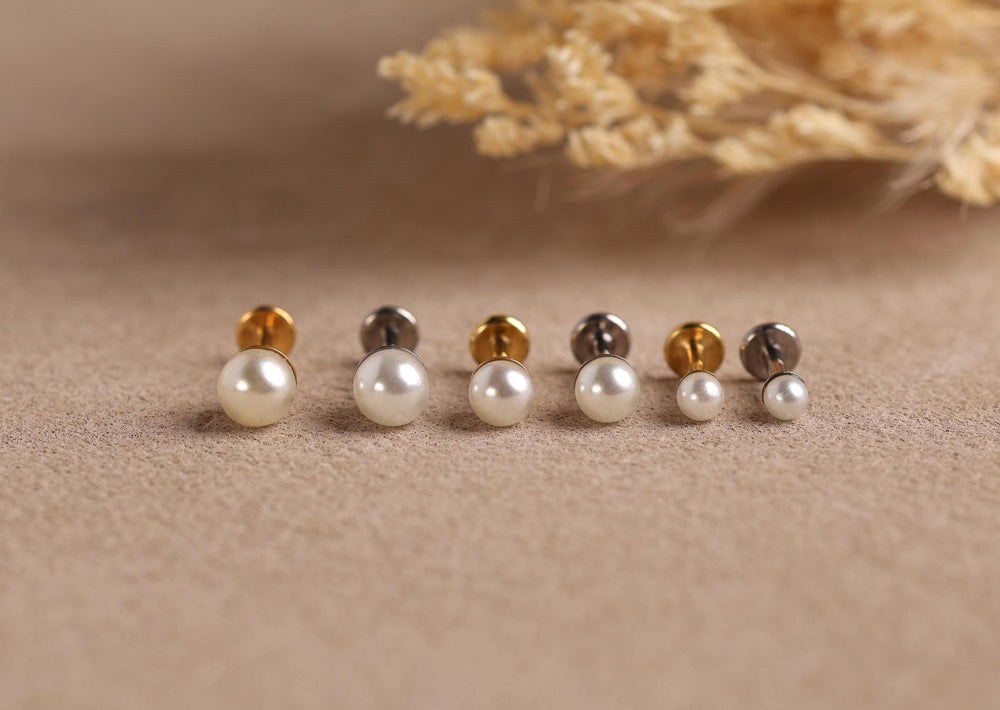 16G/18G Titanium Pearl Flat Back Earrings, Internally Threaded Titanium Labret Stud, Hypoallergenic Earring Gift Set, Gift for her n178
