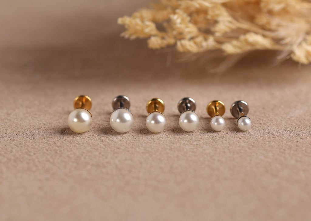 16G/18G Titanium Pearl Flat Back Earrings, Internally Threaded Titanium Labret Stud, Hypoallergenic Earring Gift Set, Gift for her n178