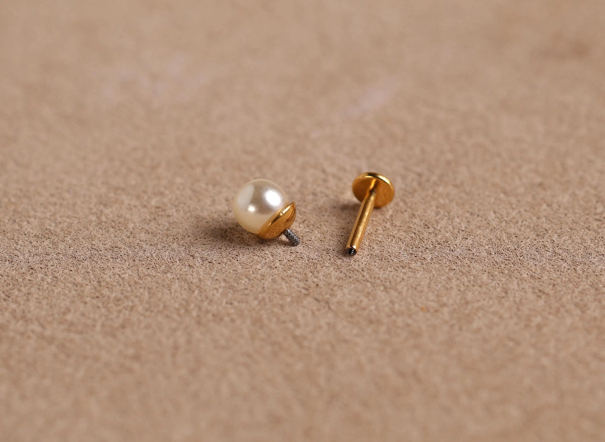 Titanium Threadless Push Pin Pearl Flat Back Earrings