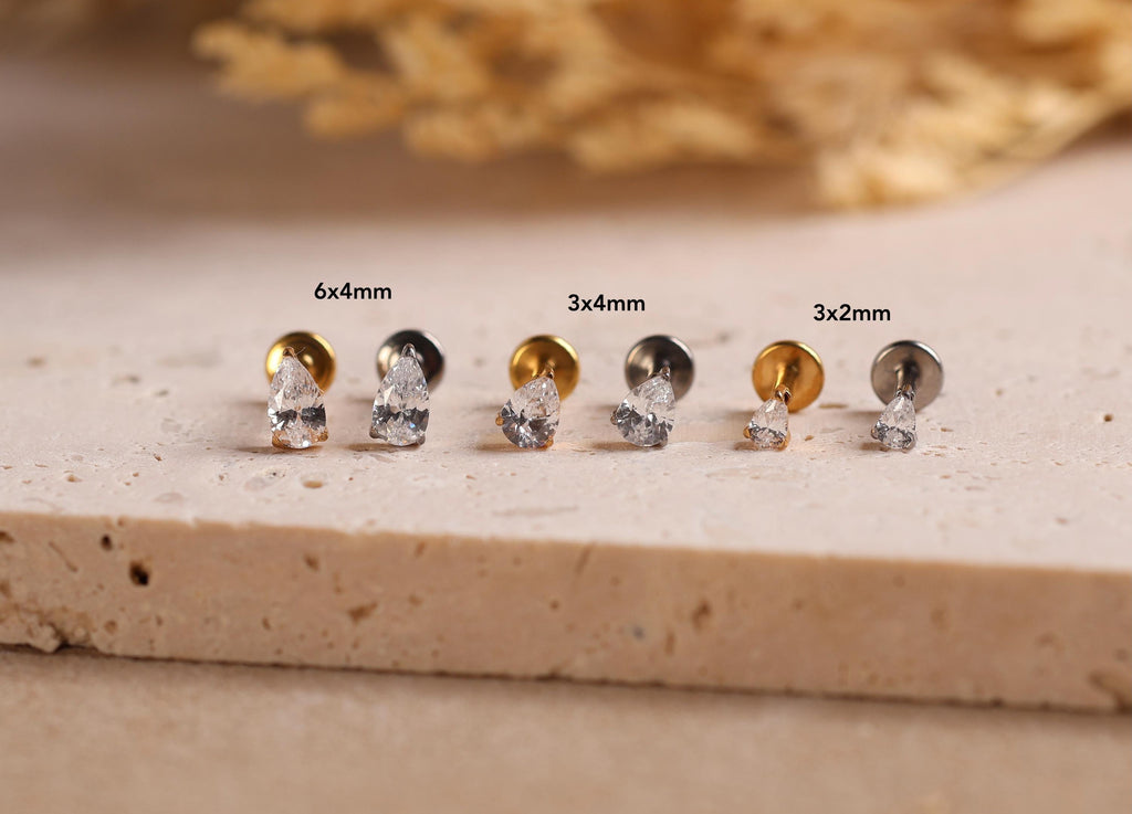16G/18G/20G Pear Cut Titanium Flat Back Earrings, Dainty Teardrop Crystal Stud, Hypoallergenic Threadless Stud, Gift for her N180