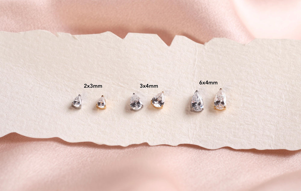 16G/18G/20G Pear Cut Titanium Flat Back Earrings, Dainty Teardrop Crystal Stud, Hypoallergenic Threadless Stud, Gift for her N180