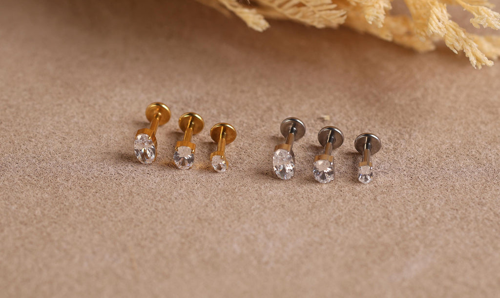 16G/18G/20G Oval Cut Titanium Flat Back Earrings, Dainty Crystal Stud, Hypoallergenic Threadless Piercing Jewelry N179