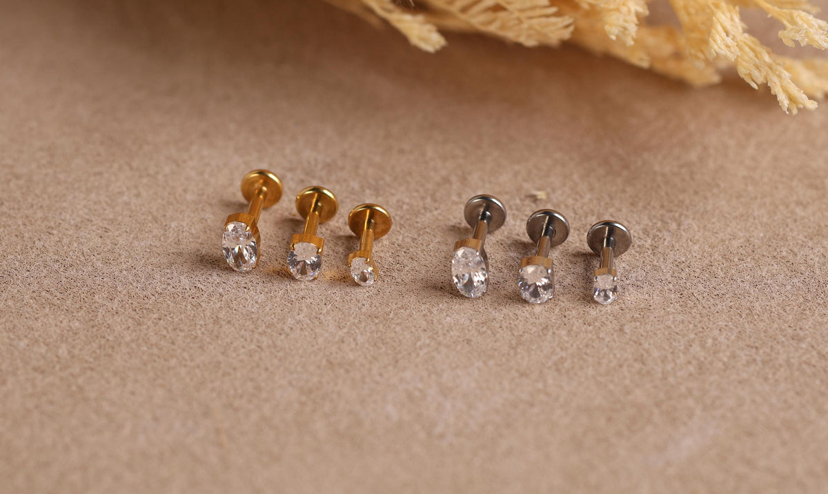 16G/18G/20G Oval Cut Titanium Flat Back Earrings, Dainty Crystal Stud, Hypoallergenic Threadless Piercing Jewelry N179