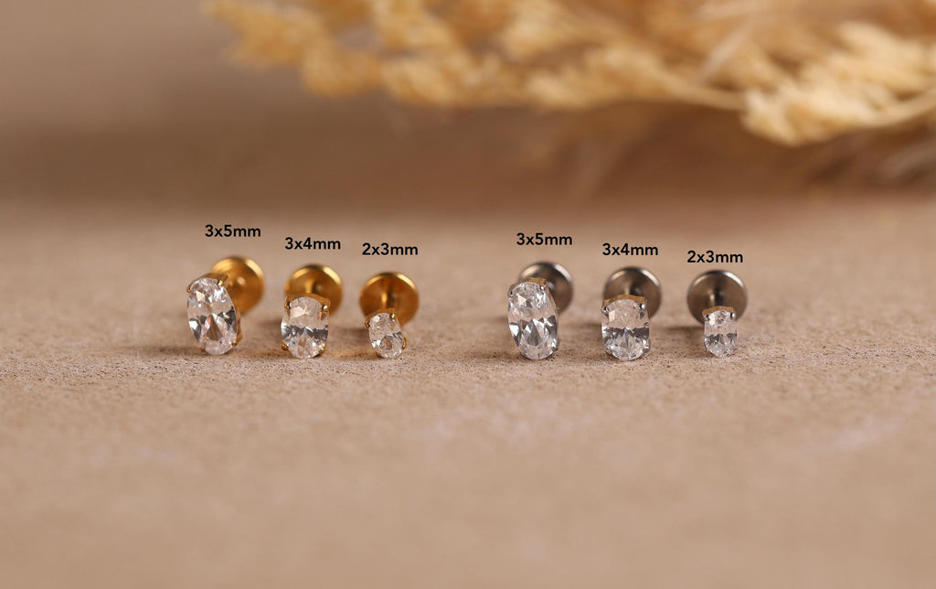 16G/18G/20G Oval Cut Titanium Flat Back Earrings, Dainty Crystal Stud, Hypoallergenic Threadless Piercing Jewelry N179