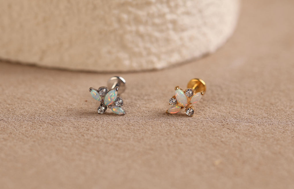 16G/18G/20G Titanium Triple Opal Cluster Flat Back Earrings, Threadless Cartilage Studs, Helix Earrings, Opal & CZ Tragus Jewelry N158
