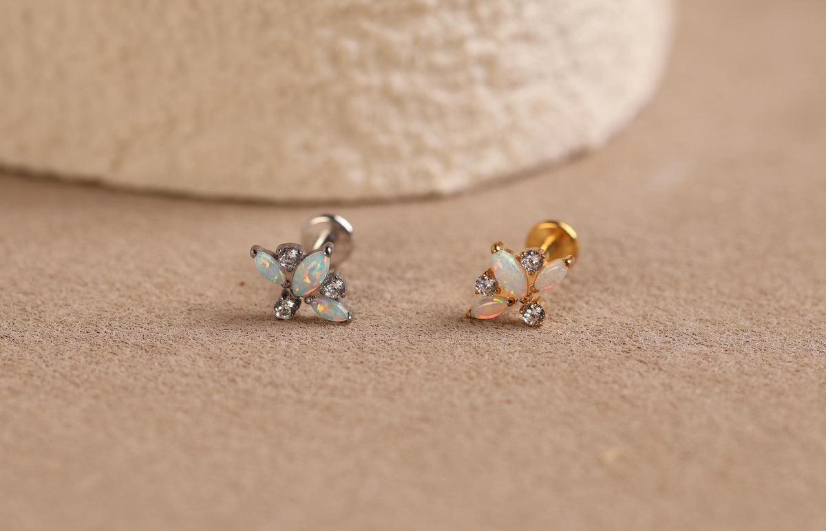 16G/18G/20G Titanium Triple Opal Cluster Flat Back Earrings, Threadless Cartilage Studs, Helix Earrings, Opal & CZ Tragus Jewelry N158