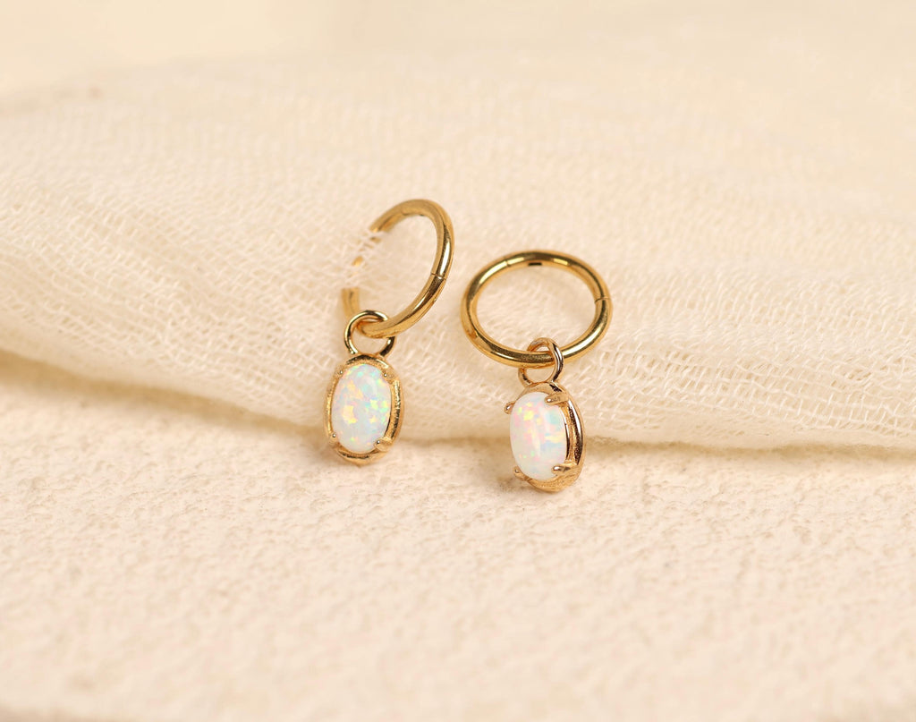 16G/18G Titanium Opal Oval Hoop Dangle, Hypoallergenic Hoop, Minimal Oval Drop Earrings – Everyday Elegant Jewelry N150