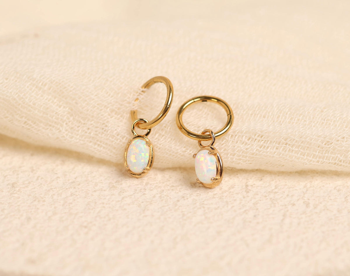 16G/18G Titanium Opal Oval Hoop Dangle, Hypoallergenic Hoop, Minimal Oval Drop Earrings – Everyday Elegant Jewelry N150