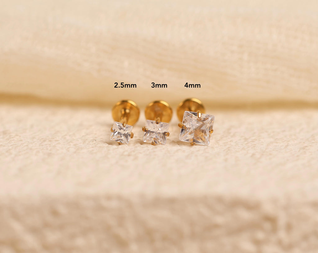 16G/18G/20G Princess Cut CZ Flat Back Earrings, Titanium Stud Earrings, Hypoallergenic Helix Tragus Cartilage Labret Piercing N177