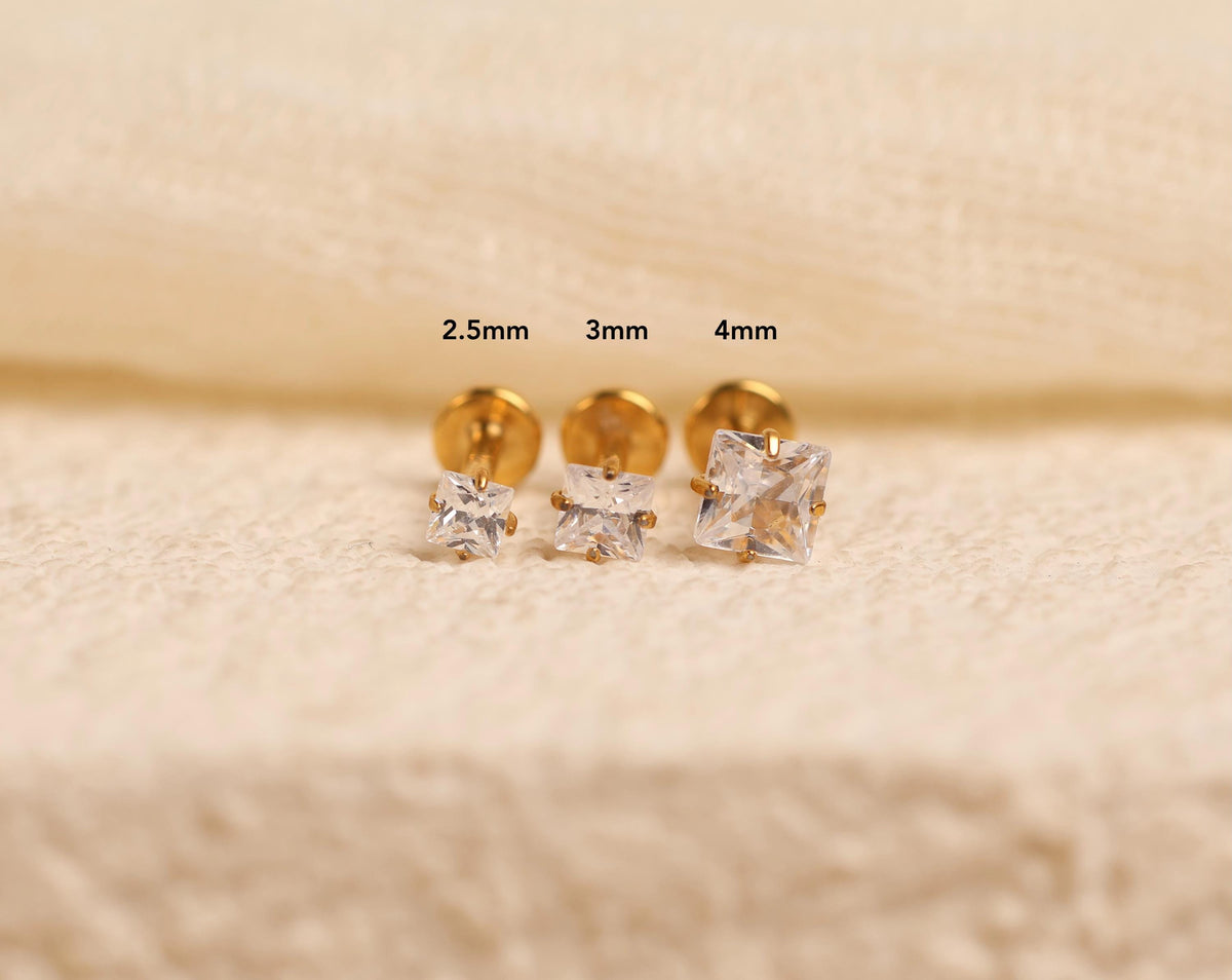 16G/18G/20G Princess Cut CZ Flat Back Earrings, Titanium Stud Earrings, Hypoallergenic Helix Tragus Cartilage Labret Piercing N177