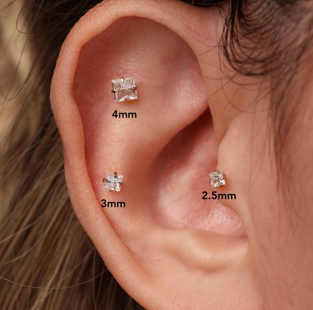 16G/18G/20G Princess Cut CZ Flat Back Earrings, Titanium Stud Earrings, Hypoallergenic Helix Tragus Cartilage Labret Piercing N177