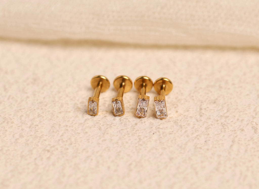 16G/18G/20G Titanium Baguette CZ Flat Back Stud Earrings, Cartilage Earrings, Hypoallergenic Helix Tragus Labret Piercing S109