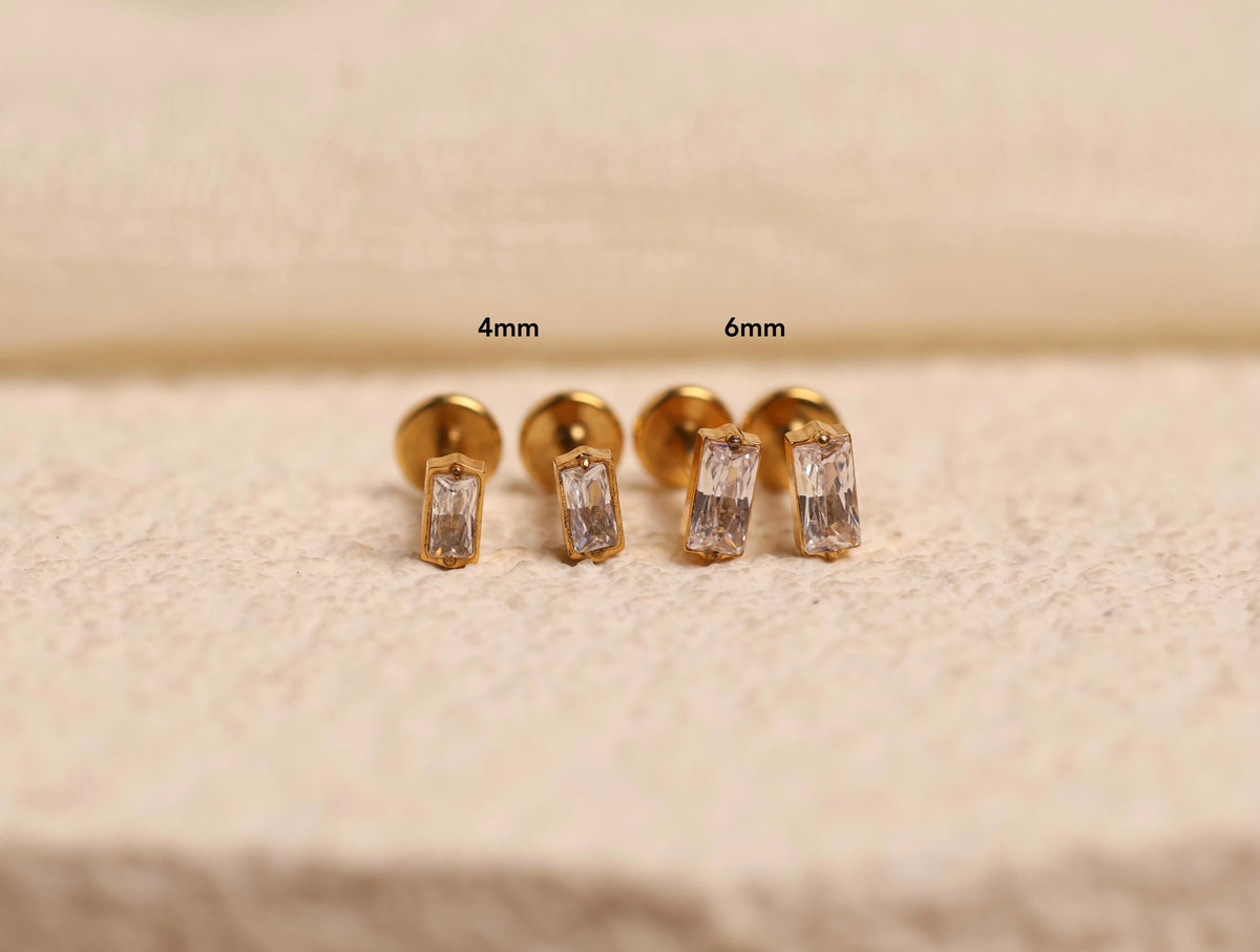 16G/18G/20G Titanium Baguette CZ Flat Back Stud Earrings, Cartilage Earrings, Hypoallergenic Helix Tragus Labret Piercing S109
