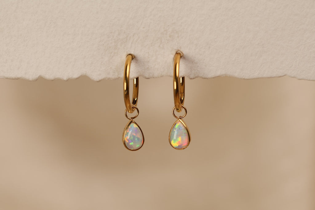 16G/18G Titanium Huggie Hoop Earrings with Pear Opal Charm, Dainty Cartilage Hoop, Helix Hoop, Conch Hoop, Lobe Earrings, N215