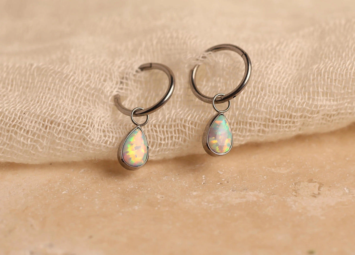 Titanium Huggie Hoop Earrings with Pear Opal Charm