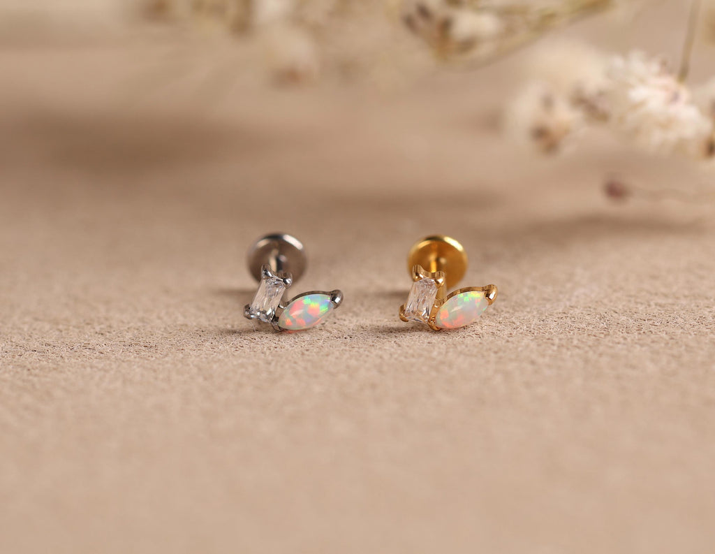 16G/18G/20G Titanium Flat Back Stud Earrings, CZ Marquise Cartilage Earrings, Threadless Helix Stud, Minimal Tragus Earring N154