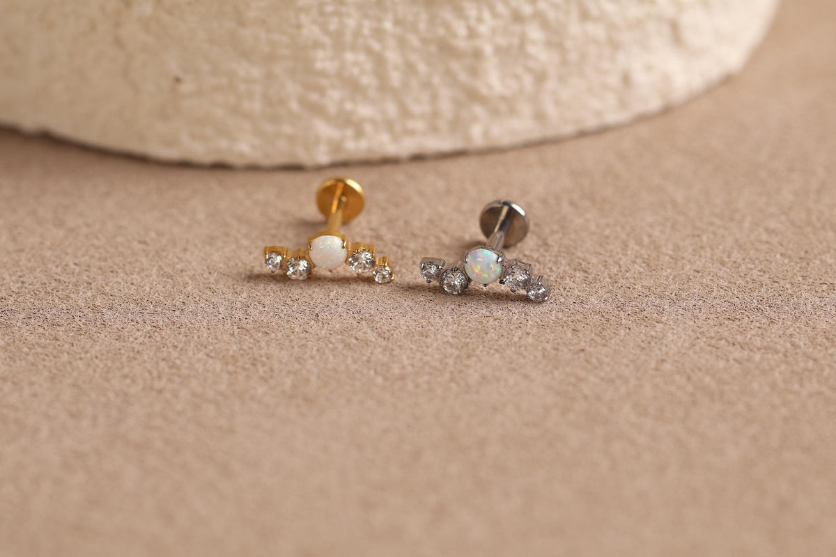 16G/18G Titanium Opal Cluster Flat Back Earrings, Titanium Cartilage Stud, Opal CZ Helix Earring, Hypoallergenic Tragus Labret N163